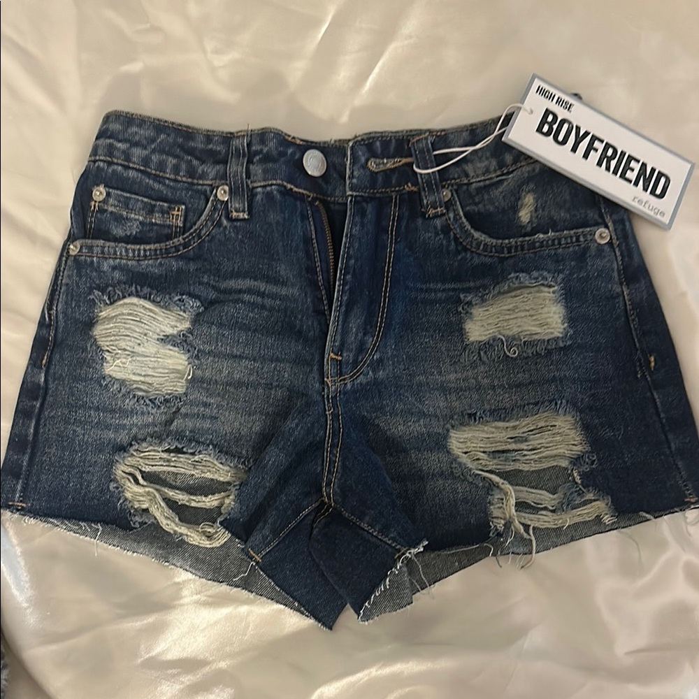 Refuge Boyfriend Distressed Jean Shorts - Blue